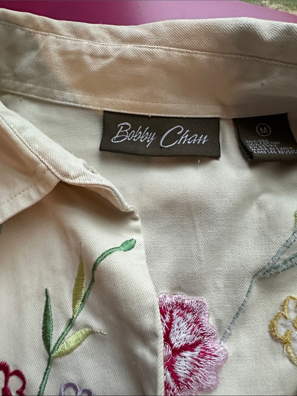 Vintage Bobby Chan Cream Embroidered Floral Button-Down Shirt - Picture 10 of 13
